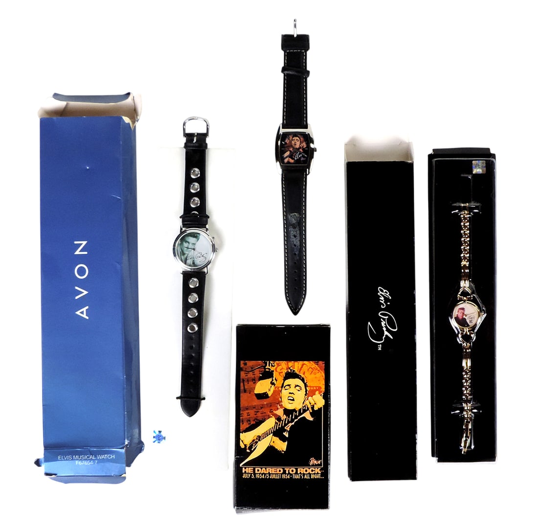 Elvis Presley Watches (3), Bracelet/Watch, Avon Products, Inc., Â©2002, Leather band Music: Elvis Presley Watches (3), Bracelet/Watch, Avon Products, Inc., Â©2002, Leather band Musical Watch, Avon Products, Inc., Â©2001 & Elvis 50th Anniversary of Rock Watch, "He Dared To