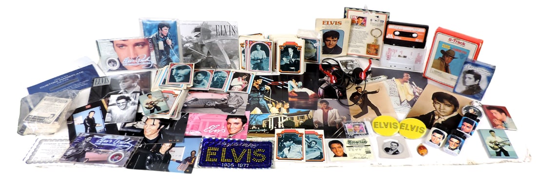 Elvis Presley Collectibles, Several postcards, light switch cover, button pins, lighters, pocket ... (1 of 4)