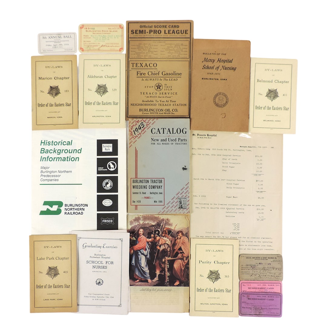 Burlington, Iowa Historical Collectibles (17), Includes Purity Chapter Order of the Easter Star/B...: Burlington, Iowa Historical Collectibles (17), Includes Purity Chapter Order of the Easter Star/By-Laws, Burlington Northern Railroad Historical Background Information Booklet, 1943 Catalog of New and