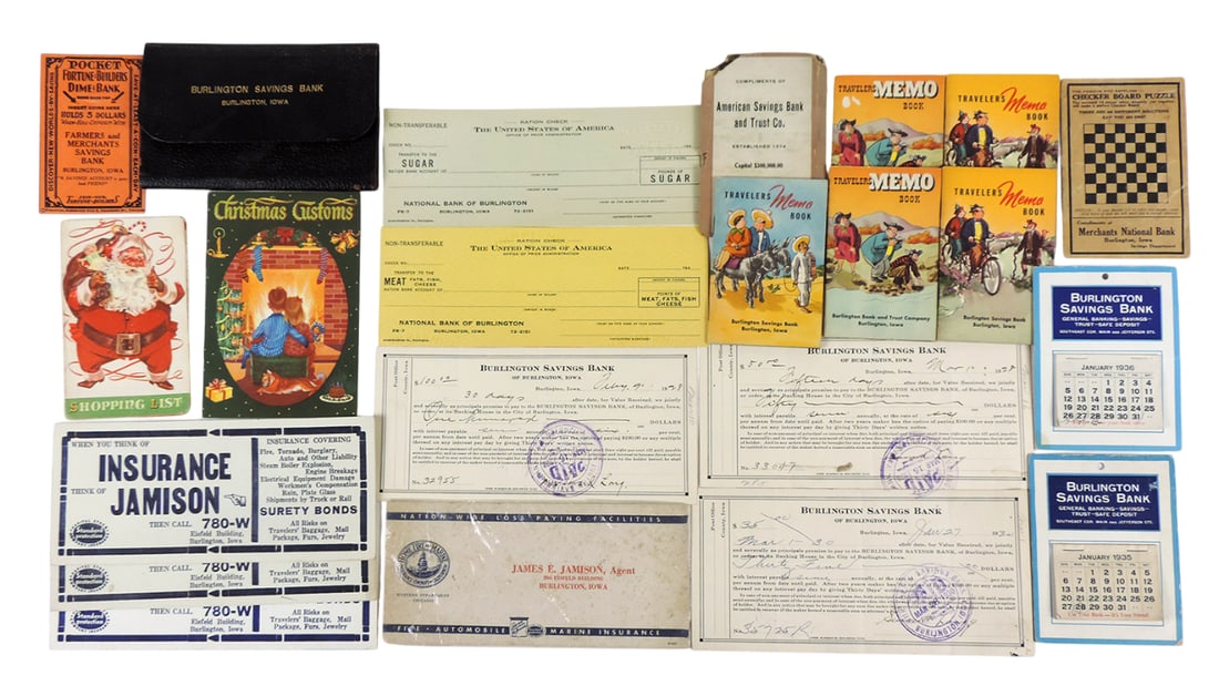 Burlington, Iowa Historical Collectibles (22), Includes Blank Ration Checks, The United States Of...: Burlington, Iowa Historical Collectibles (22), Includes Blank Ration Checks, The United States Of American for Sugar & Meat/Fats/Fish/Cheese, Issued 1940s, National Bank Of Burlington, Travelers Memo 
