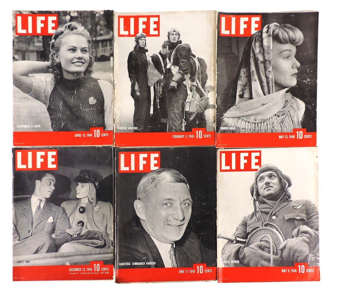 LIFE Magazines-1940 (6), Includes February 5/Swedish Aviators, April 15/Government & Youth, May 1...: LIFE Magazines-1940 (6), Includes February 5/Swedish Aviators, April 15/Government & Youth, May 13/Shawls Again, May 6/Aerial Gunner, June 17/Industrial Commander Knudsen, December 23/Party Time, REG 