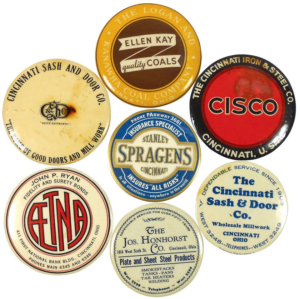 Advertising pocket mirrors (7), celluloid, from Cinc bu: Advertising pocket mirrors (7), celluloid, from Cinc businesses, Aetna, Spragens, Ellen Kay, Jos. Honhorst, CISCO (foxing) & 2 Cincinnati Sash & Door (1 w/burn marks & 1 w/slight yellow line), VG to E