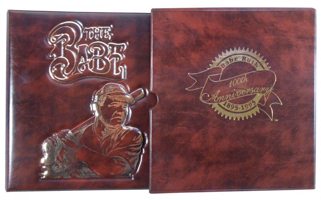 Baseball album, Babe Ruth 100th Anniversary Collection: Baseball album, Babe Ruth 100th Anniversary Collection assembled to honor his birth & career, incl vintage photograph, history, stats, uncut sheets of stamps & anniversary gold postage stamp, Exc cond
