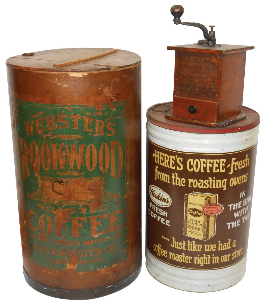 Advertising coffee grinder, canister & dry barrel (3 pc: Advertising coffee grinder, canister & dry barrel (3 pcs), dovetailed wood coffee grinder w/Koenig's Fresh Roasted Coffee paper label (VG), Heekin's Coffee metal canister w/lid & Webster's Rookwood Co