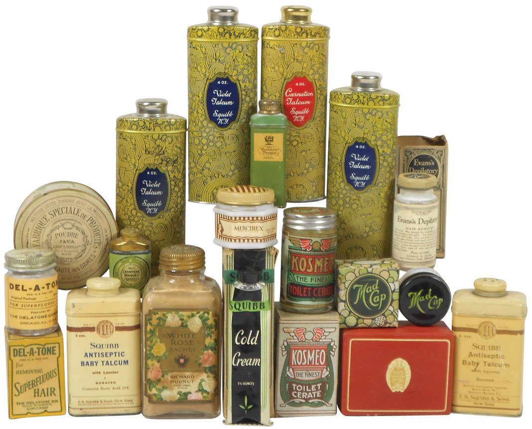 Drug Store beauty products (17), Richard Hudnut White R: Drug Store beauty products (17), Richard Hudnut White Rose sachet embossed glass jar w/embossed metal lid, Squibb talcums & cold cream, miniature Cashmere Bouquet talcums, Kosmeo Toilet Cerate, Mad Ca