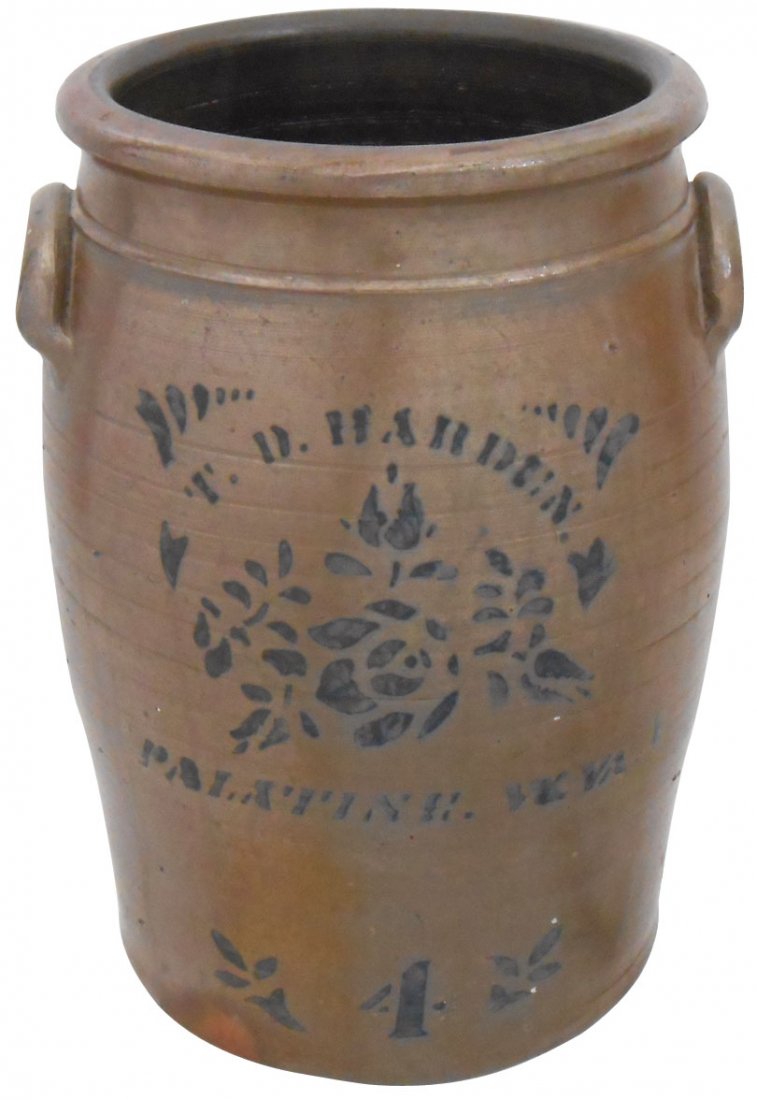 Advertising stoneware jar, T.D. Harden-Palatine, W. VA: Advertising stoneware jar, T.D. Harden-Palatine, W. VA, 4 gal storage jar w/handles, saltglaze w/deep cobalt floral decoration, Exc cond, 14"H x 9"Dia.