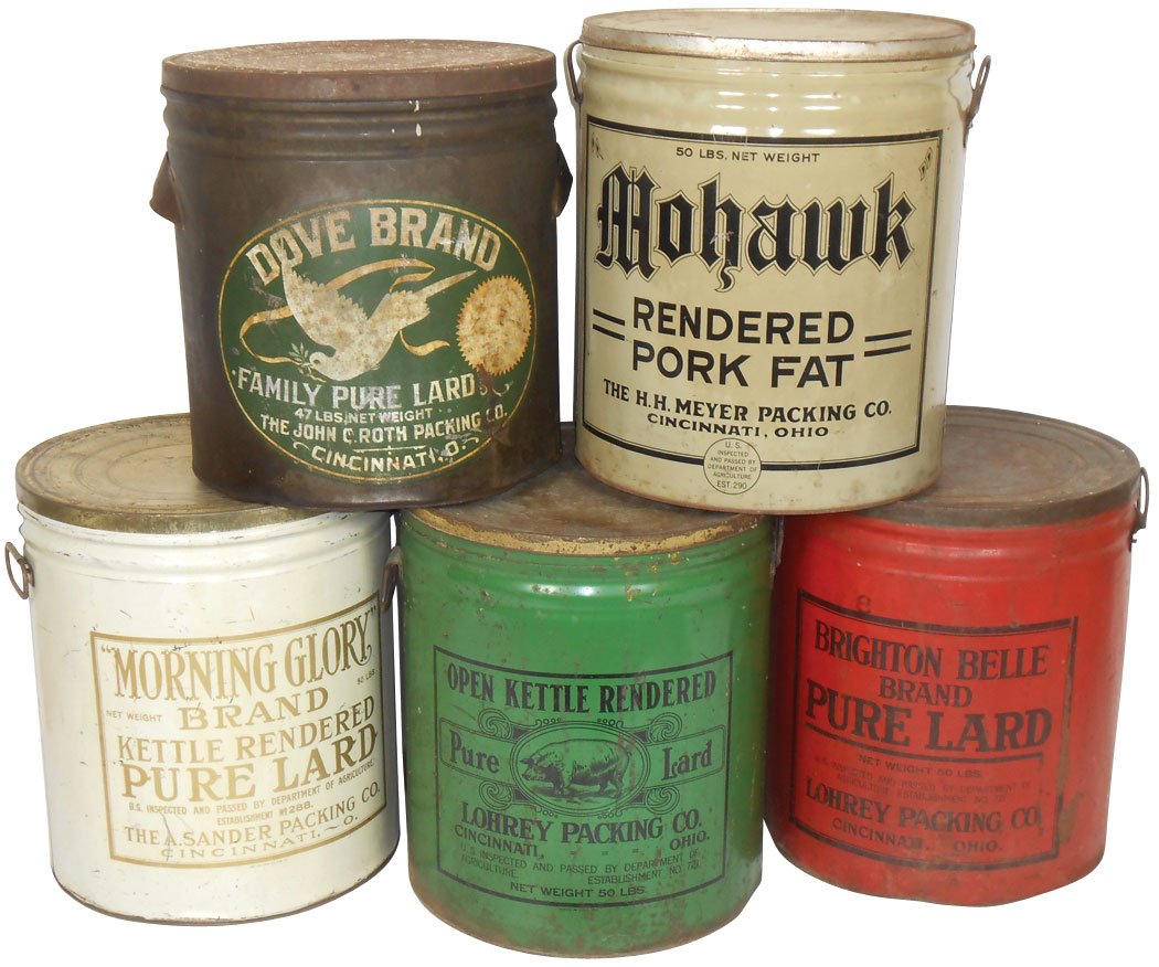 Advertising lard tins (5), Mohawk Rendered Pork Fat-The: Advertising lard tins (5), Mohawk Rendered Pork Fat-The H.H. Meyer Packing Co., Brighten Belle Pure Lard-Lohrey Packing Co., Morning Glory Brand-The A. Sander Packing Co., Dove Brand Family Pure Lard-