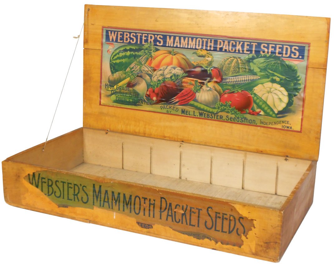 Webster's Mammoth Packet Seeds counter display box, Mel: Webster's Mammoth Packet Seeds counter display box, Mel L. Webster Seedsman-Independence, Iowa, very colorful litho inside lid by Stecher Litho Co.-Rochester, NY, dovetailed wood box, c.1910, VG cond