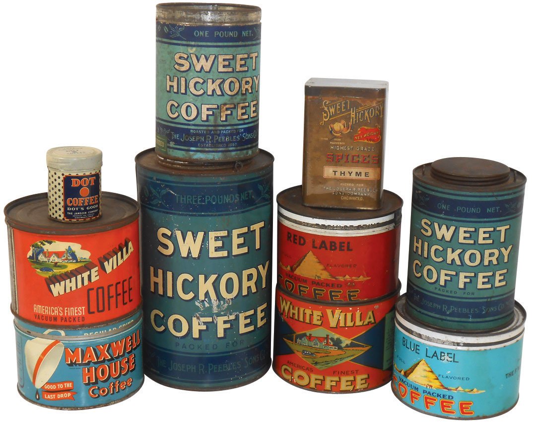 Advertising coffee & spice tins (10), includes Joseph P: Advertising coffee & spice tins (10), includes Joseph Peebles Sweet Hickory (one w/paper label & no lid), Cincinnati Wholesale Grocery Co. White Villa, Hinz Blue Label & Red Label (paper labels), Swee