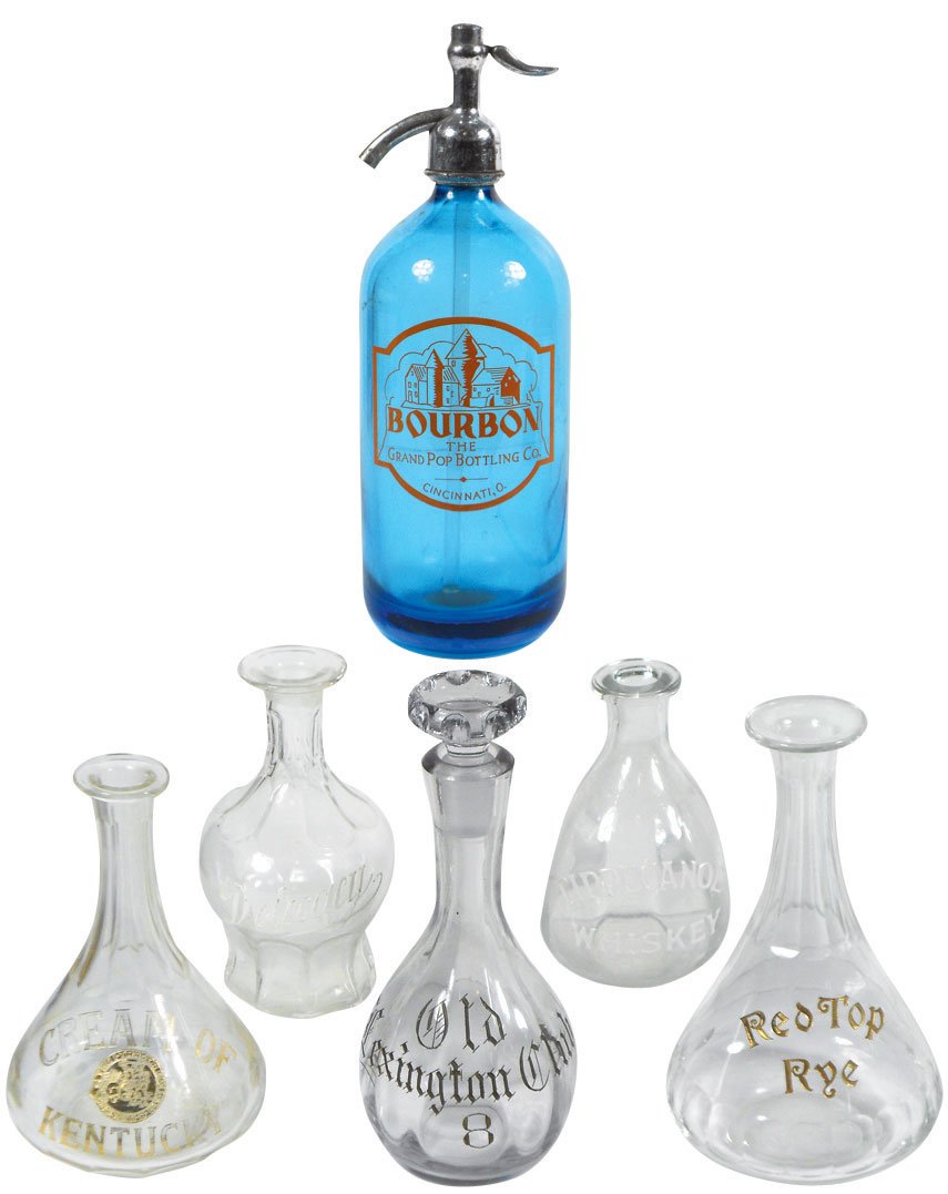 Back bar bottles (6), all Cincinnati, Grand Pop Bottlin: Back bar bottles (6), all Cincinnati, Grand Pop Bottling Co. seltzer bottle, enameled Delicacy & Tippecanoe, etched Red Top Rye, Old Lexington Club 8 (w/stopper) & Cream of Kentucky by the I-Trager Co