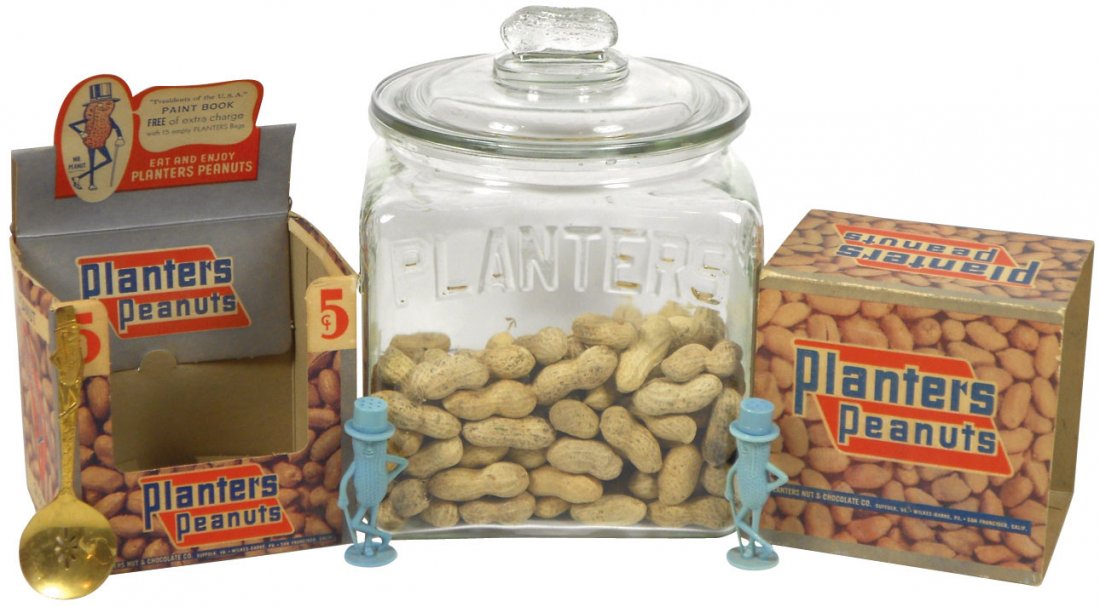 Planters Peanut counter display box w/sleeve, held 24 5: Planters Peanut counter display box w/sleeve, held 24 5 Cent pkgs, dated 1948, Planters Peanut embossed glass jar w/peanut lid, Mr. Peanut serving spoon & blue plastic Mr. Peanut salt & pepper shakers