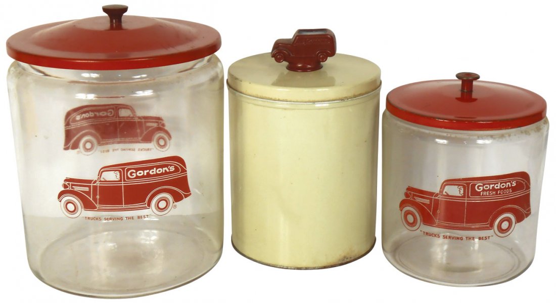 Potato chip jars (3), Gordon's, (2) glass jars w/metal