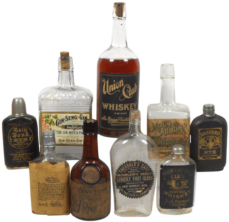Whiskey bottles & flasks (9) from Cincinnati distributo: Whiskey bottles & flasks (9) from Cincinnati distributors incl Union (NOS), Gin-Seng-Gin, Burst Bros & Co., Klein Bros & Hyman, Jos. A. Magnus & Co. & others, 2 flasks have leather labels/wraps & one