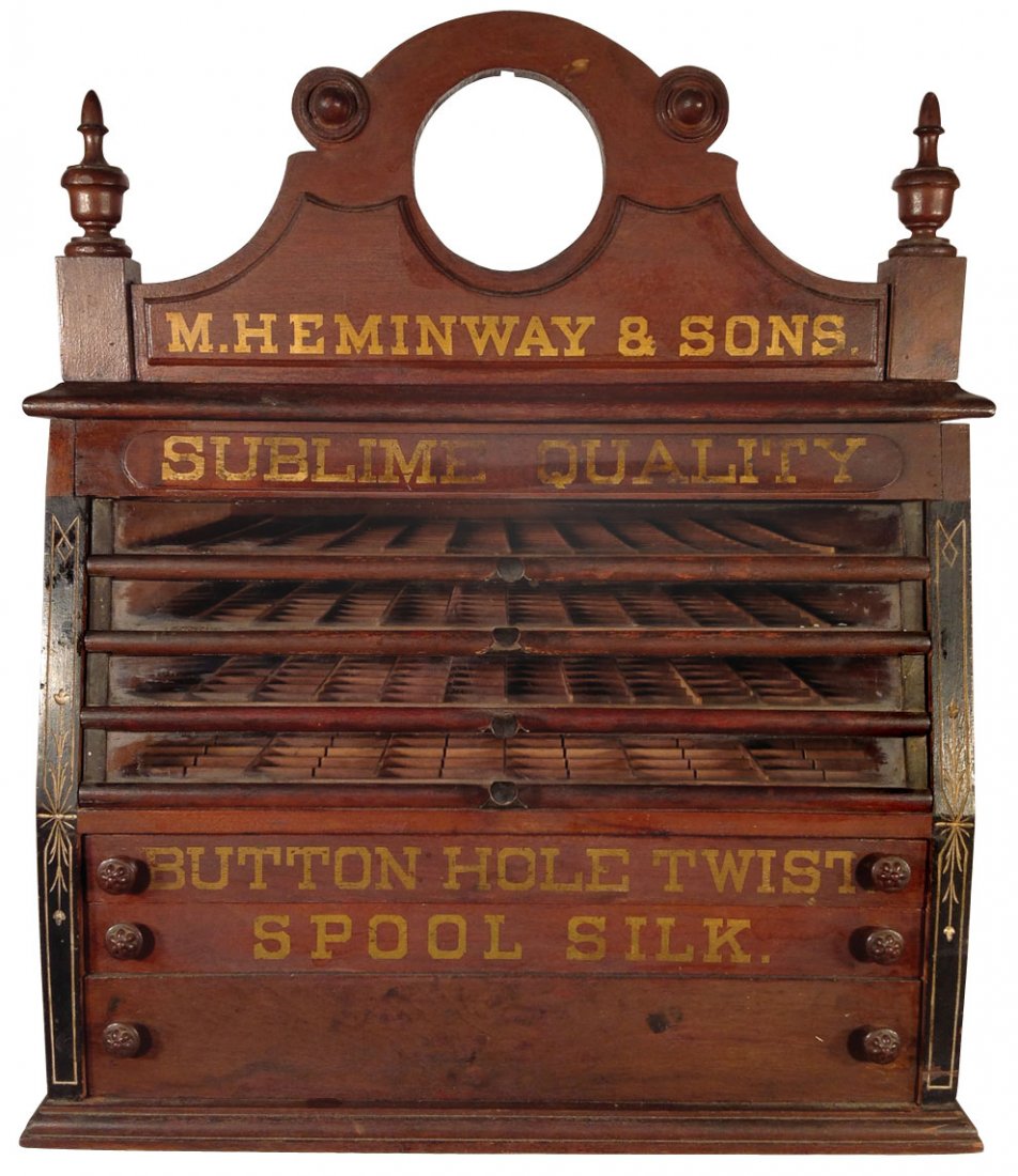 Spool cabinet, M. Heminway & Sons Sublime Quality, waln: Spool cabinet, M. Heminway & Sons Sublime Quality, walnut 7 drwr w/clock gallery, missing clock, o/wise VG/Exc cond w/orig surface, 24"H x 21"W x 17"D.