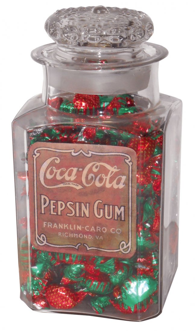 Coca-Cola Pepsin Gum jar, c.1903-1905 jar w/replaced la: Coca-Cola Pepsin Gum jar, c.1903-1905 jar w/replaced label, square jar w/angled corners embossed "Franklin Caro Co.-Richmond, VA" on front, label has some age fade, jar in Exc cond, 10"H x 5"W.