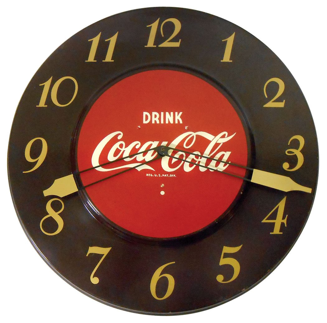 Coca-Cola clock, metal w/maroon face, c.1951, VG workin: Coca-Cola clock, metal w/maroon face, c.1951, VG working cond w/great paint, 17"Dia.