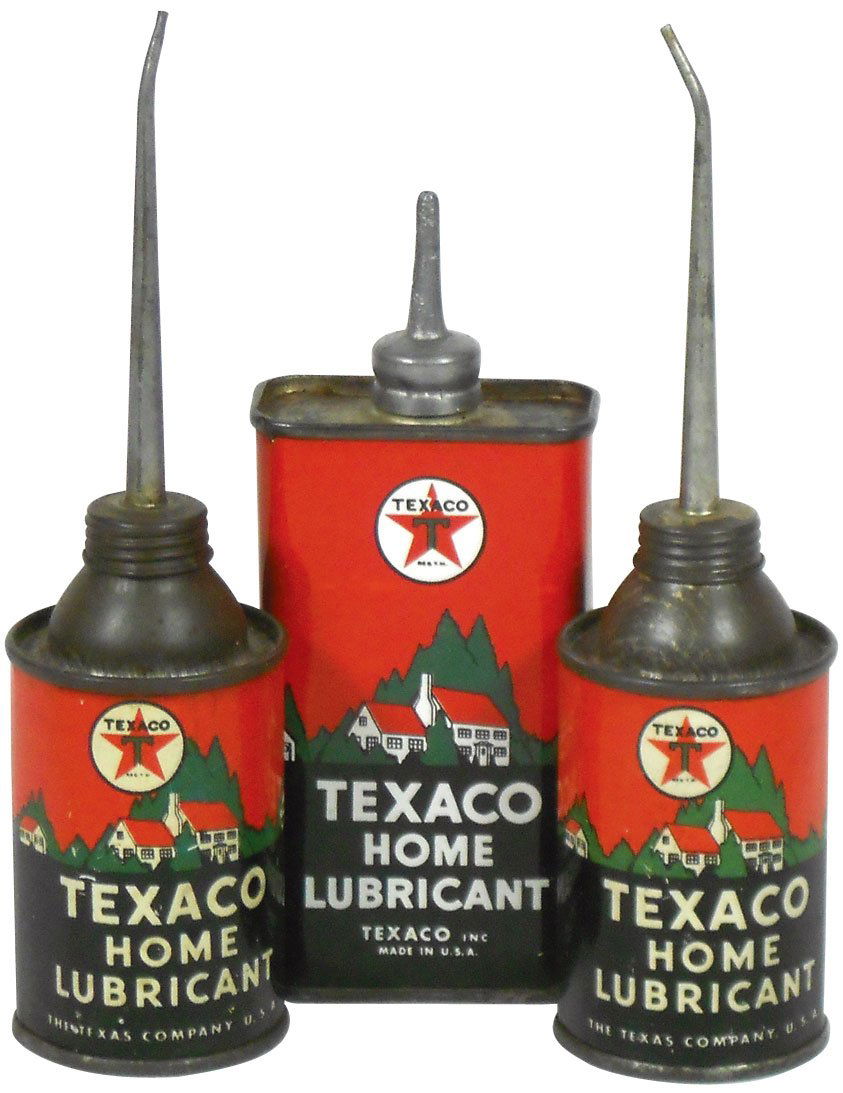 Petroliana, Texaco Home Lubricant oilers, includes (2) : Petroliana, Texaco Home Lubricant oilers, includes (2) 3 oz & (1) 4 oz tins, all Exc cond, 5.5" & 7"H.