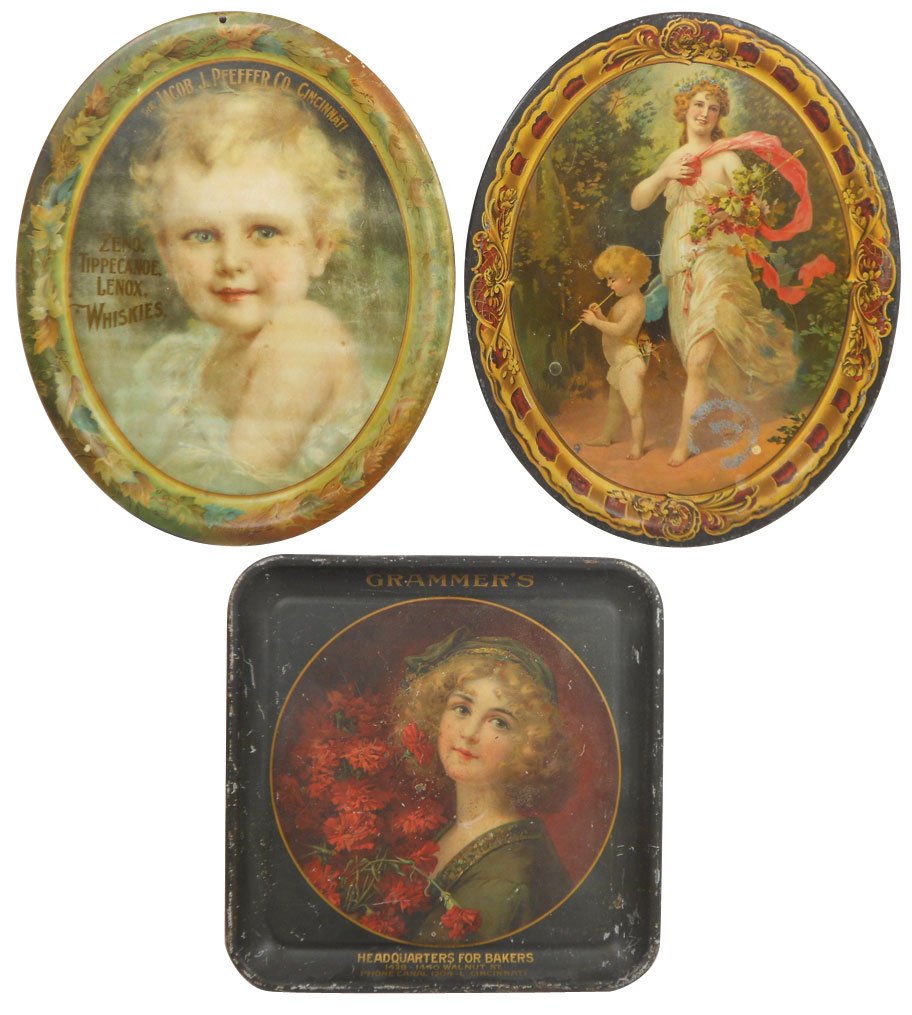 Advertising serving trays (3), Grammer's "Carnation Gir: Advertising serving trays (3), Grammer's "Carnation Girl" (American Art Works lithographer), Sea Lion Tobacco Works (H. D. Beach Co. lithographer) & The Jacob J. Pfeffer Co.-Cinc, all Good cond showin