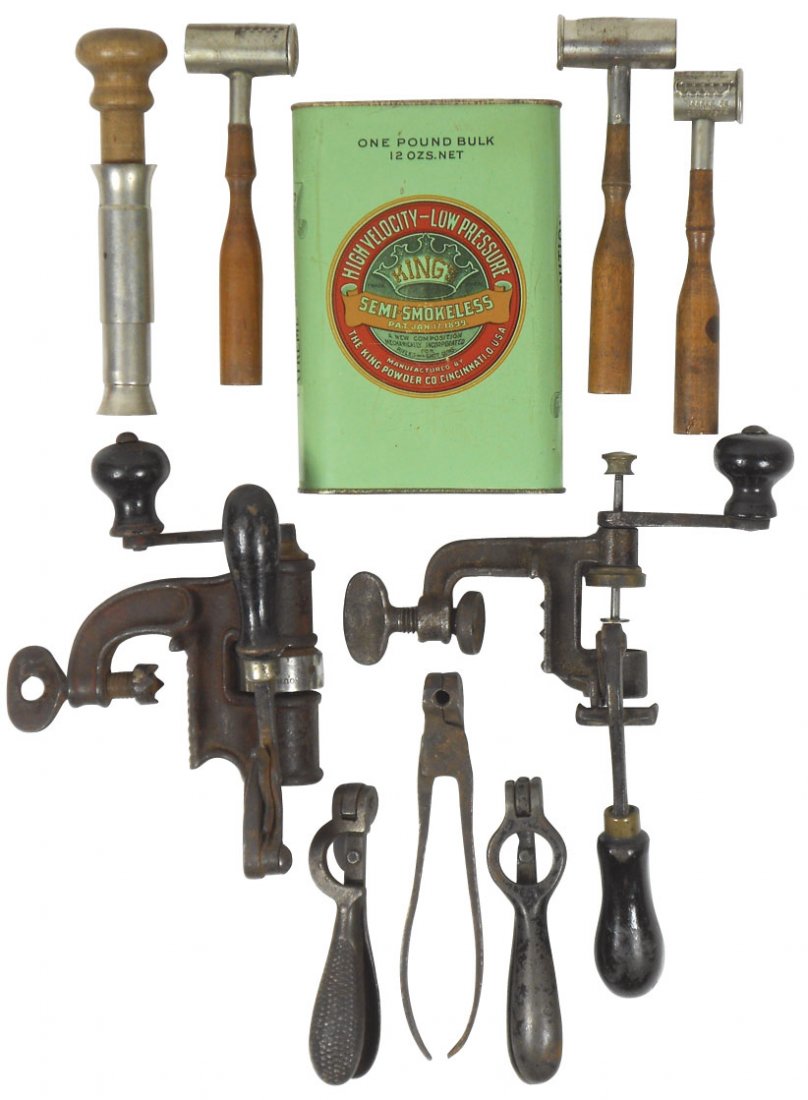 Ammunition (10), adjustable powder & shot volume measur: Ammunition (10), adjustable powder & shot volume measures, 1 stamped B. G. I. & Co., 1 stamped U. H. Co., 3-pc wood & metal decapper/wad installer, priming tools, bullet mold, crimpers, 10-ga marked B