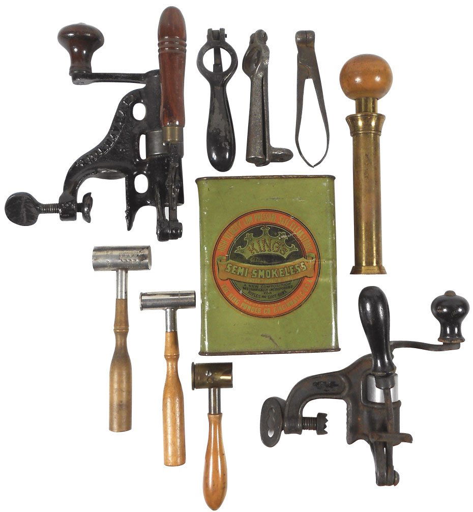 Ammunition (10), adjustable powder & shot volume measur: Ammunition (10), adjustable powder & shot volume measures, 1 stamped, "Velox", 1 brass, all w/wood handles, wood ball top w/brass shotgun decapper/wad installer for 12-ga, Ideal Mfg. Co., New Haven, C