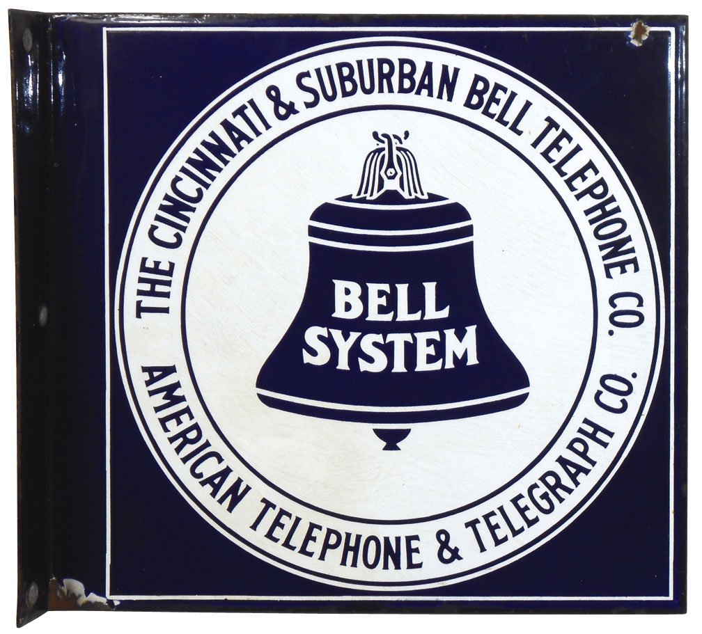 Advertising sign, The Cincinnati & Suburban Bell Teleph: Advertising sign, The Cincinnati & Suburban Bell Telephone Co., cobalt blue & white porcelain 2 sided flange, VG cond w/minor losses, 11"H x 12"W.