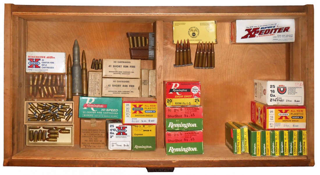 Ammunition (approx 33), misc shotgun shells, incl 16 & : Ammunition (approx 33), misc shotgun shells, incl 16 & 20-ga, shotgun slugs, 12 & 20-ga, .22 Expedition, 2 boxes Luger 9 mm (Japanese) war capture, army, 42 cal rimfire, etc., most boxes full, VG to E