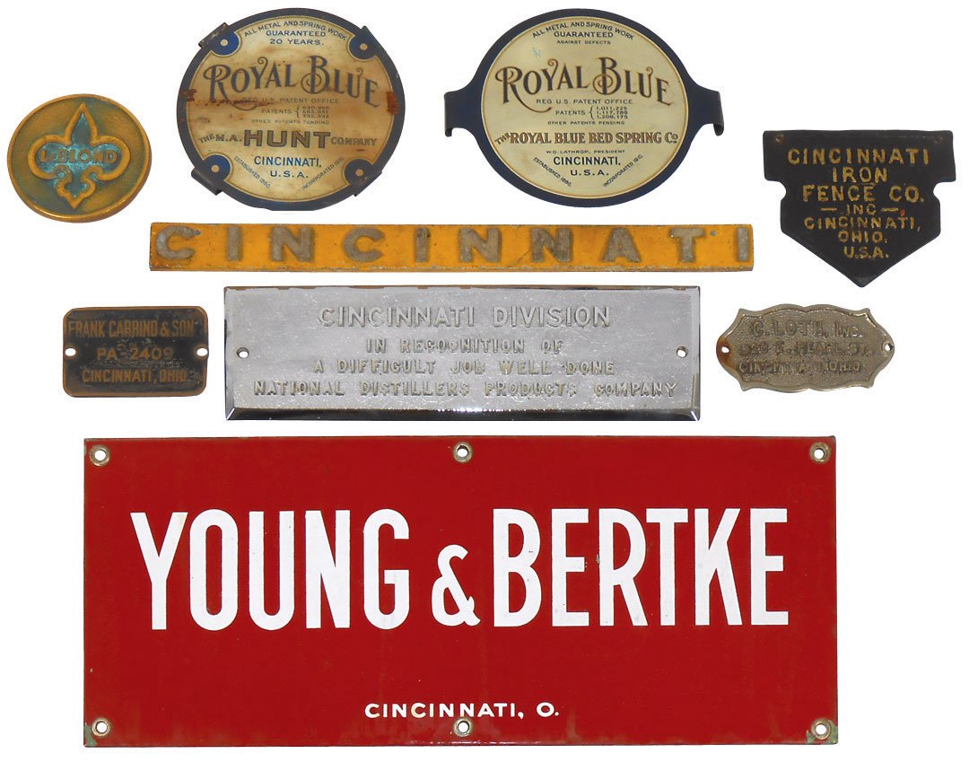 Advertising signs & plaques from Cinc businesses (12),: Advertising signs & plaques from Cinc businesses (12), Young & Bertke (porcelain), Cinc. Assn. of Purchasing Agts. (cast brass), C. Schmidt Co. Thesco (enamel on cast metal), LeBlond, Cinc. Iron Fence