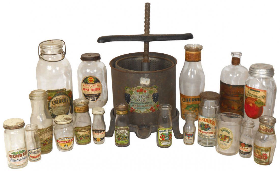Fruit press & fruit advertising bottles (19 pcs), inclu: Fruit press & fruit advertising bottles (19 pcs), includes Juicy Fruit Press from O.P. Schriver Co.-Cinc, cherry & preserve bottles w/paper labels from Rosebud, Golden Star, Kroger Country Club, Cinci