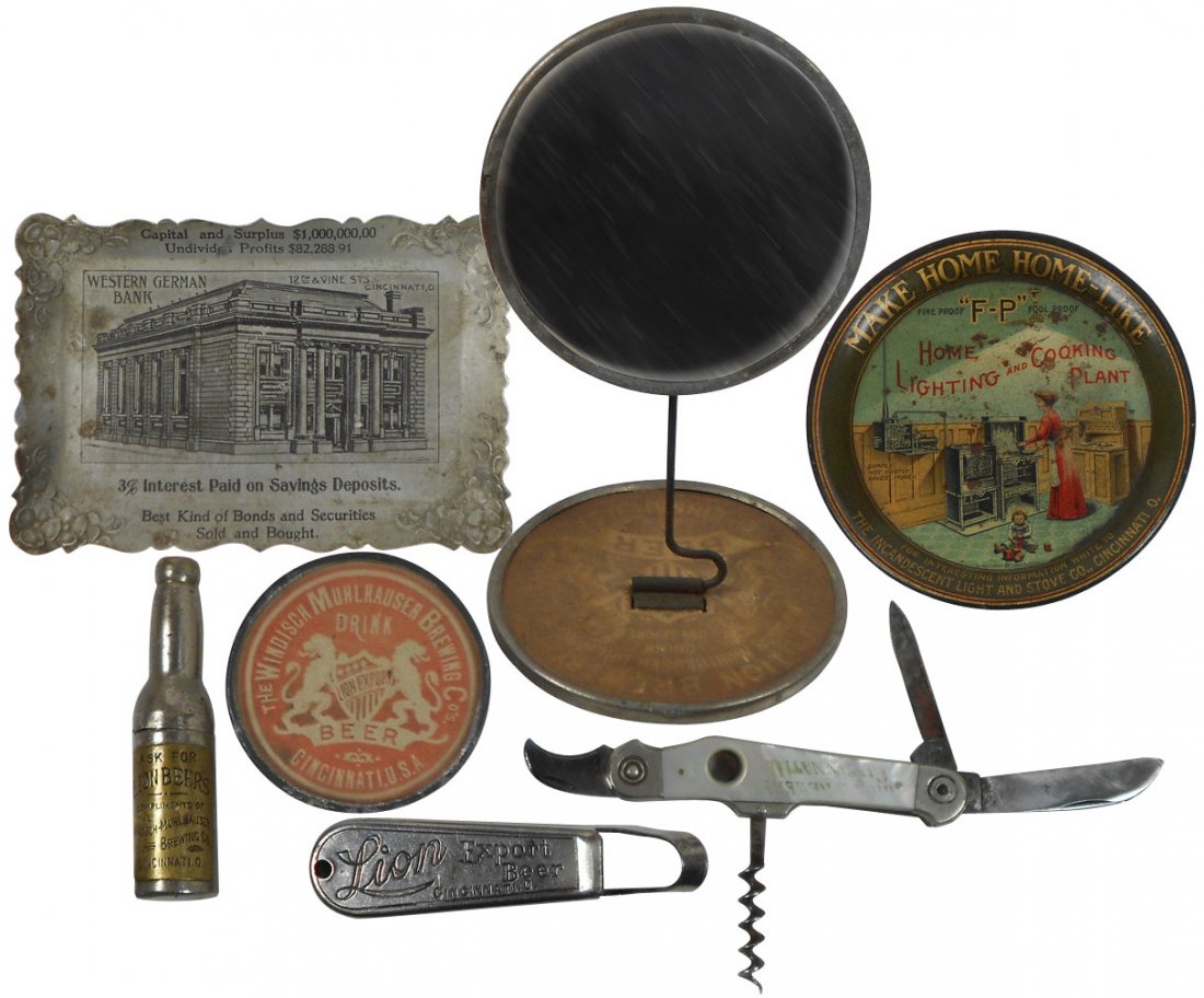 Lion Export Beer items & advertising tip trays (7), Lio: Lion Export Beer items & advertising tip trays (7), Lion Export 6"H folding mirror on stand w/cdbd inserts, bottle opener, metal 2-pc bottle-style corkscrew, pocket mirror & unusual mother of pearl ut