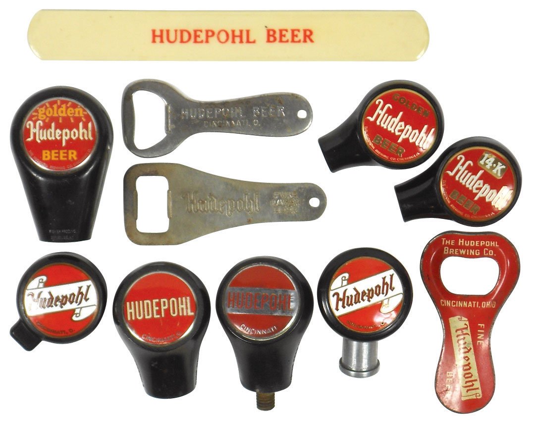Breweriana (11), Cincinnati Hudepohl Beer tapper knobs : Breweriana (11), Cincinnati Hudepohl Beer tapper knobs (all different), bottle openers & foam scraper, VG cond, knobs are 2"-3"H.