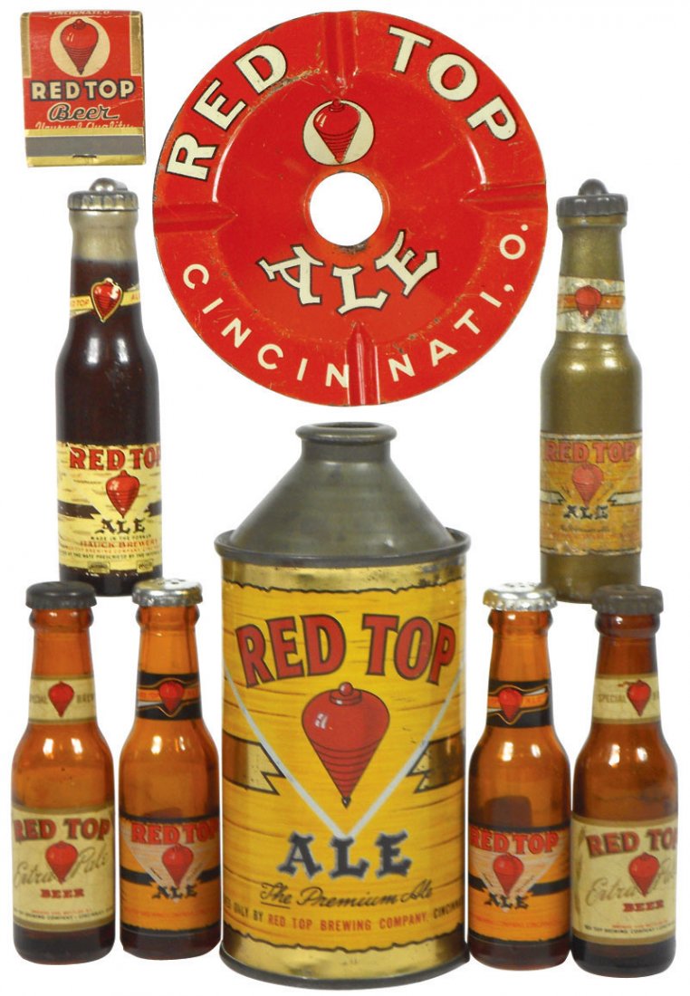 Breweriana (8), Cincinnati Red Top beer/ale bottle open: Breweriana (8), Cincinnati Red Top beer/ale bottle openers, S&P shakers, match book w/matches & cone top Red Ale can ash tray lid, VG cond+, ash tray 6.25"H.