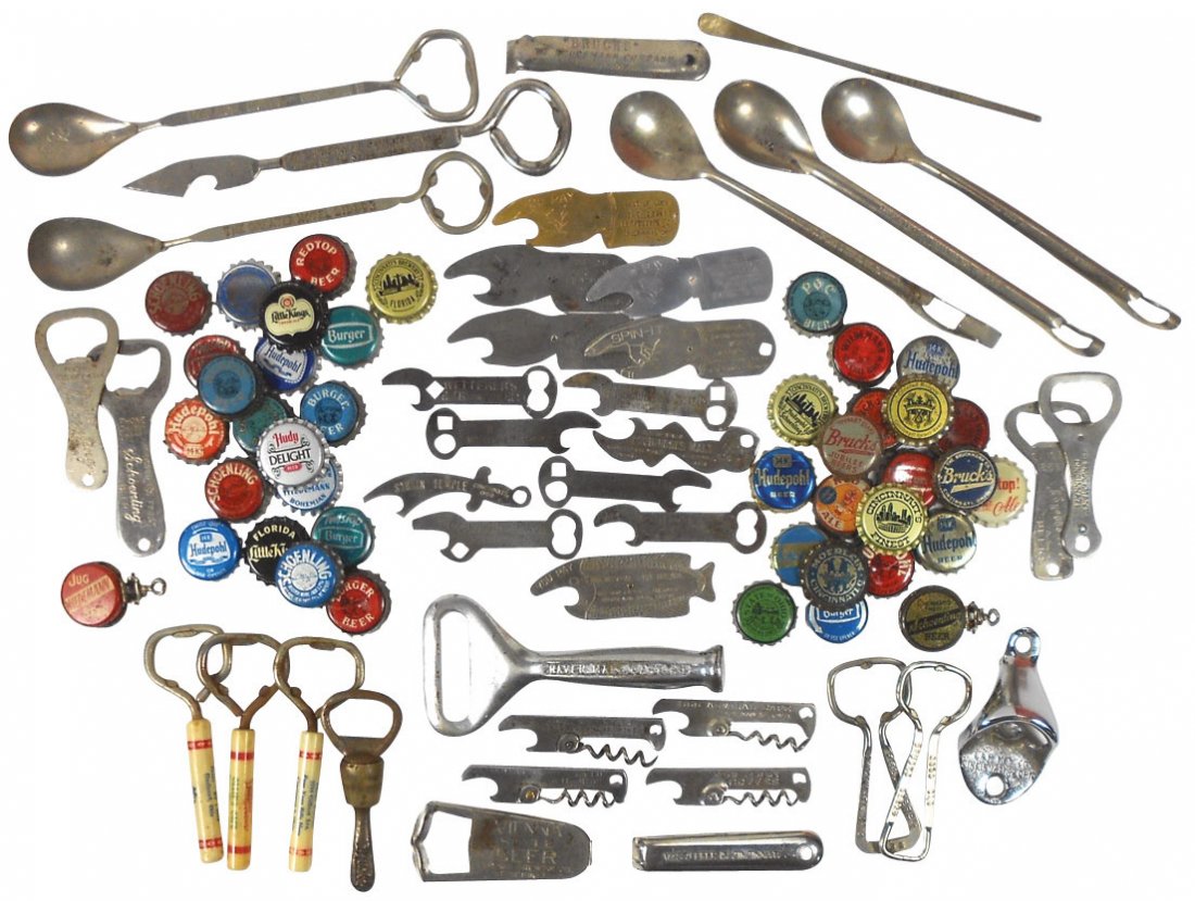 Advertising bottle openers & caps (80), from Cinc busin: Advertising bottle openers & caps (80), from Cinc businesses Sherman Furniture, Bruck's, Robertson, Gottleib, Felsenbrau, Schoenling, Vienna & many others, some bottle openers incl corkscrews, some in