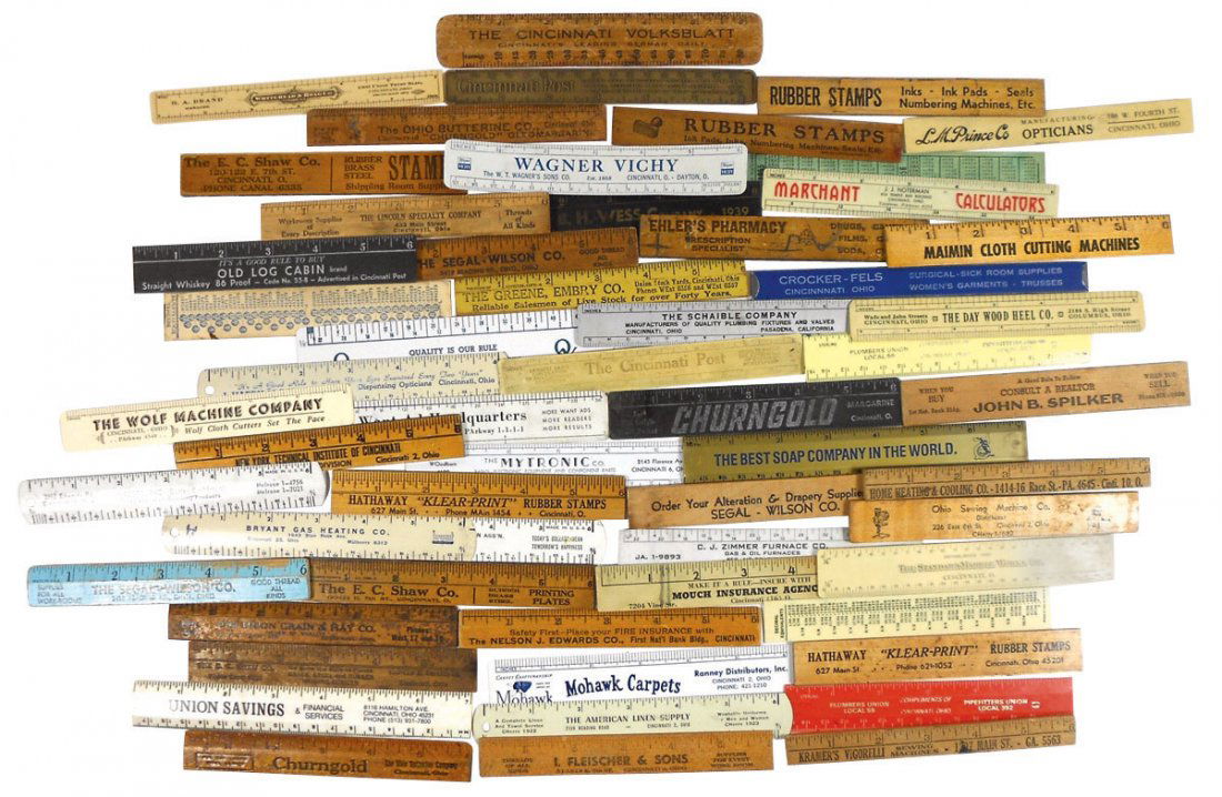 Advertising rulers (56), wood, plastic, metal & cdbd fr: Advertising rulers (56), wood, plastic, metal & cdbd from Cinc businesses incl Ohio Butterine, Maimin Cutting Machines, Lincoln Specialty, Old Log Cabin, Cincinnati Post & many others, 3 show calendar