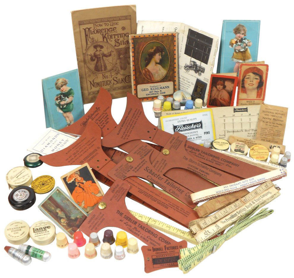 Advertising sewing supplies (approx 58), thimbles, tape: Advertising sewing supplies (approx 58), thimbles, tape measurers, needles, etc from Cinc businesses Storrs-Schaefer, Siebler, Provident, Geo. Kuhlmann, Bissinger's & others, Good to Exc cond.