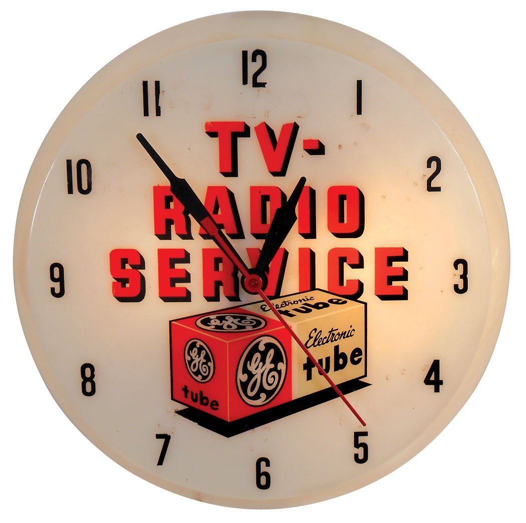 GE TV-Radio Service plastic light-up clock, some spots : GE TV-Radio Service plastic light-up clock, some spots on face, o/wise VG working cond, 17"Dia.
