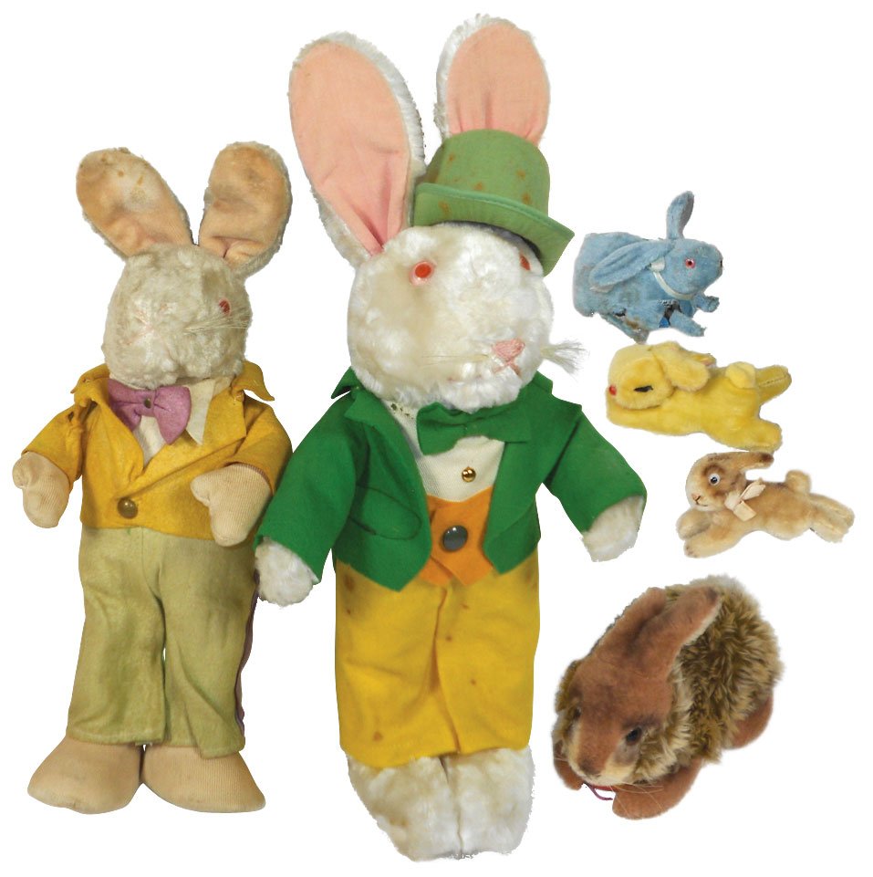 Toy rabbits (6), Steiff bunny, made in Austria, (2965/2: Toy rabbits (6), Steiff bunny, made in Austria, (2965/20), plush fabric w/glass eyes, button & tag in ear, Exc cond, 10"L, (2) standing plush Mr. Rabbits w/felt clothing, Good+ to VG cond w/some spots