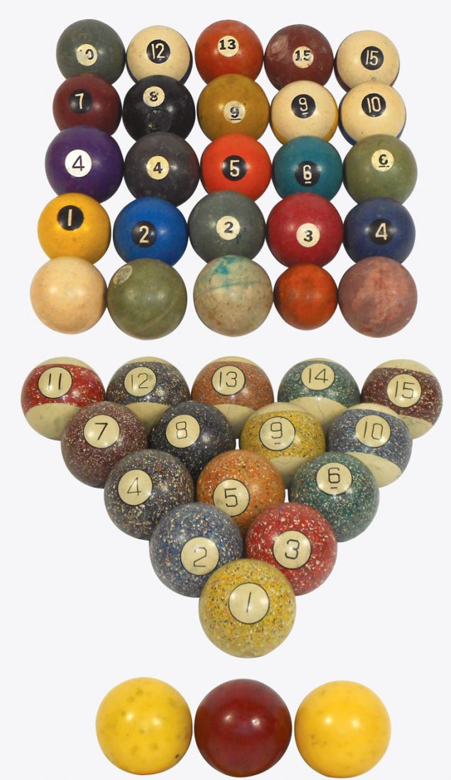 Billiard balls, set of 15 speckled balls, 2"Dia & 28 ot: Billiard balls, set of 15 speckled balls, 2"Dia & 28 other balls from incomplete sets, some early clay, VG cond, 1 7/8" to 2 1/4" Dias.