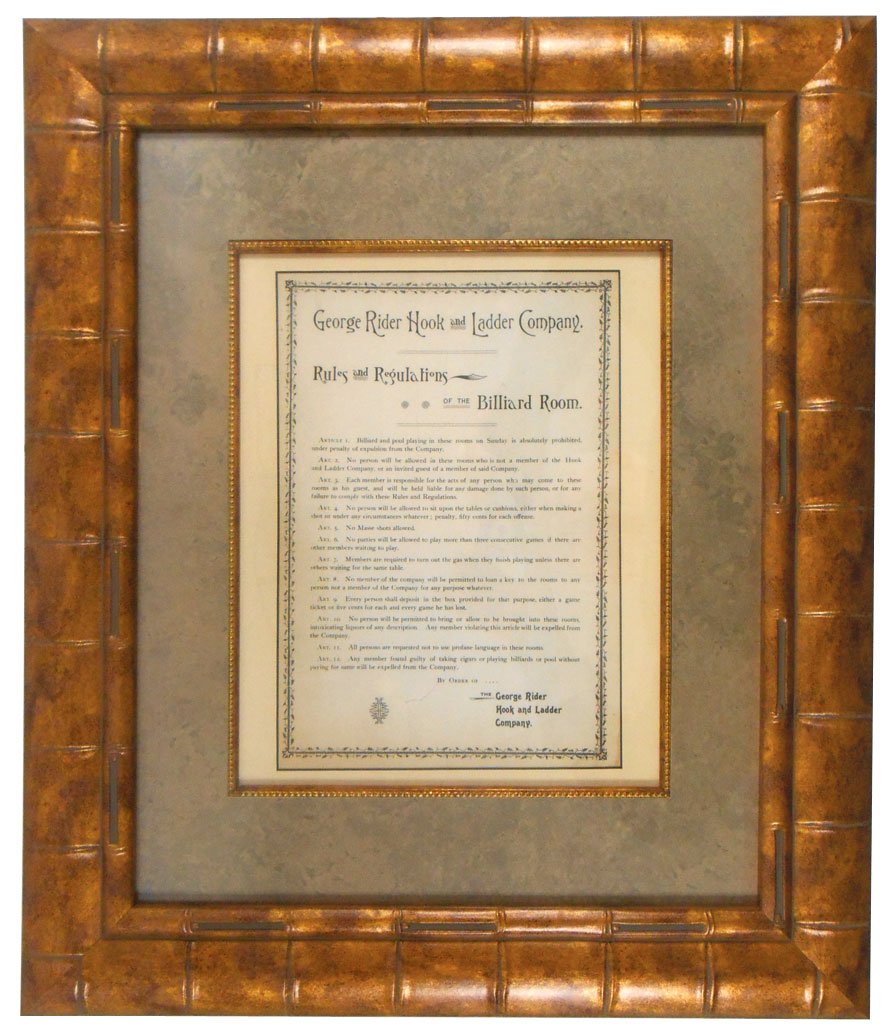 Billiard room poster, framed original List of Rules for: Billiard room poster, framed original List of Rules for the Billiard Room of the George Rider Hook & Ladder Co. (firefighters), c.1860's, Exc cond, 8.5"H x 12.5"W.