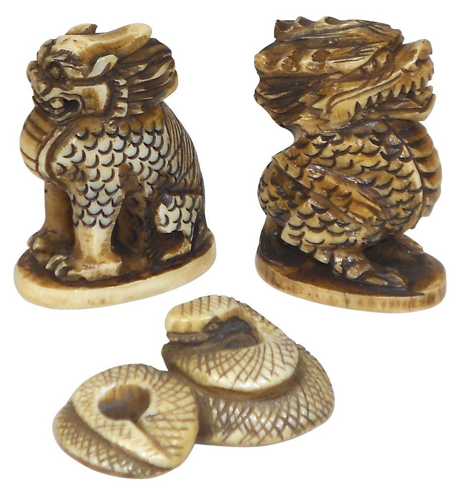 Japanese netsukes (3), carved Ivory dragons & snake, on: Japanese netsukes (3), carved Ivory dragons & snake, one dragon & snake are signed, pre 1940's, all in Exc cond, 1/2" to 1.75"H.