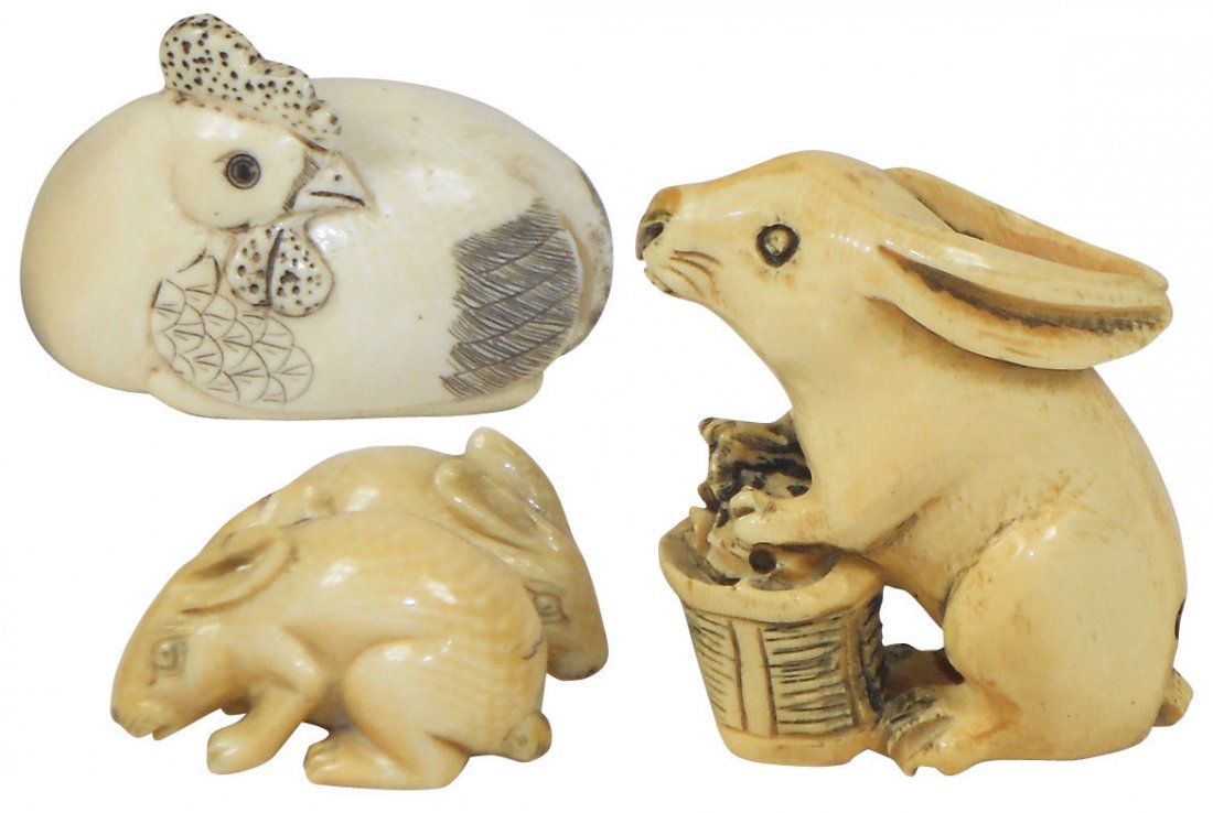 Japanese netsukes (3), carved Ivory rabbits & chicken, : Japanese netsukes (3), carved Ivory rabbits & chicken, larger rabbit & chicken are signed, pre 1940's, all in Exc cond, 1" to 2"H.