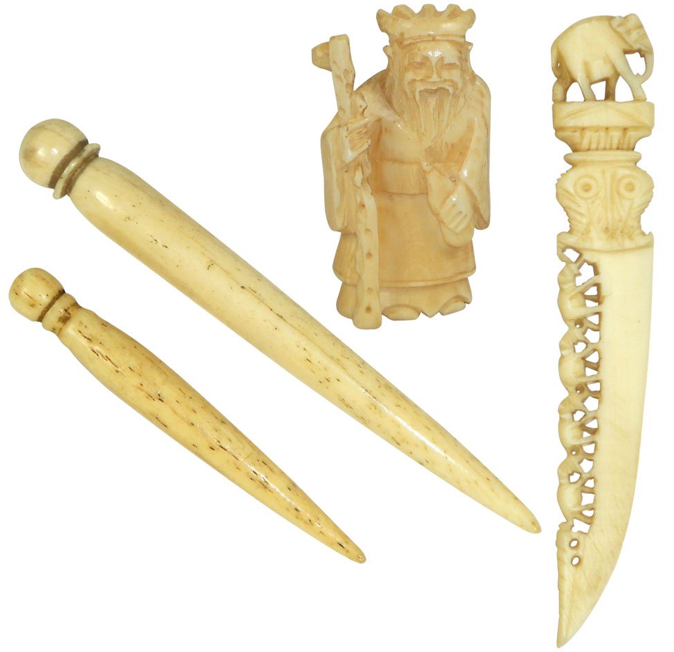 Ivory (4 pcs), letter opener w/elephants, netsuke-beard: Ivory (4 pcs), letter opener w/elephants, netsuke-bearded man in robe w/staff & (2) robe accessories, all in Exc cond, intricately carved letter opener is 4"L.