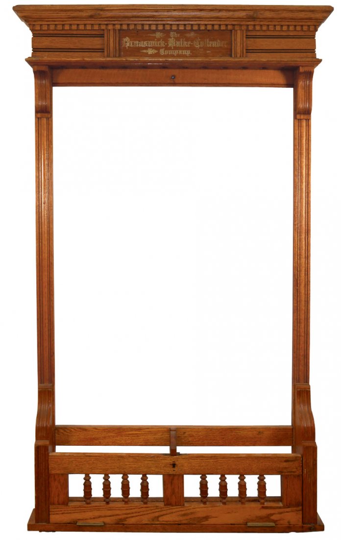 Billiard cue rack, Brunswick Balke Collender, oak, Hote: Billiard cue rack, Brunswick Balke Collender, oak, Hotel or "Privacy" rack, holds 12 cues, unrestored w/orig decal, full functioning hinged privacy door w/working lock & key, door features lathe turne