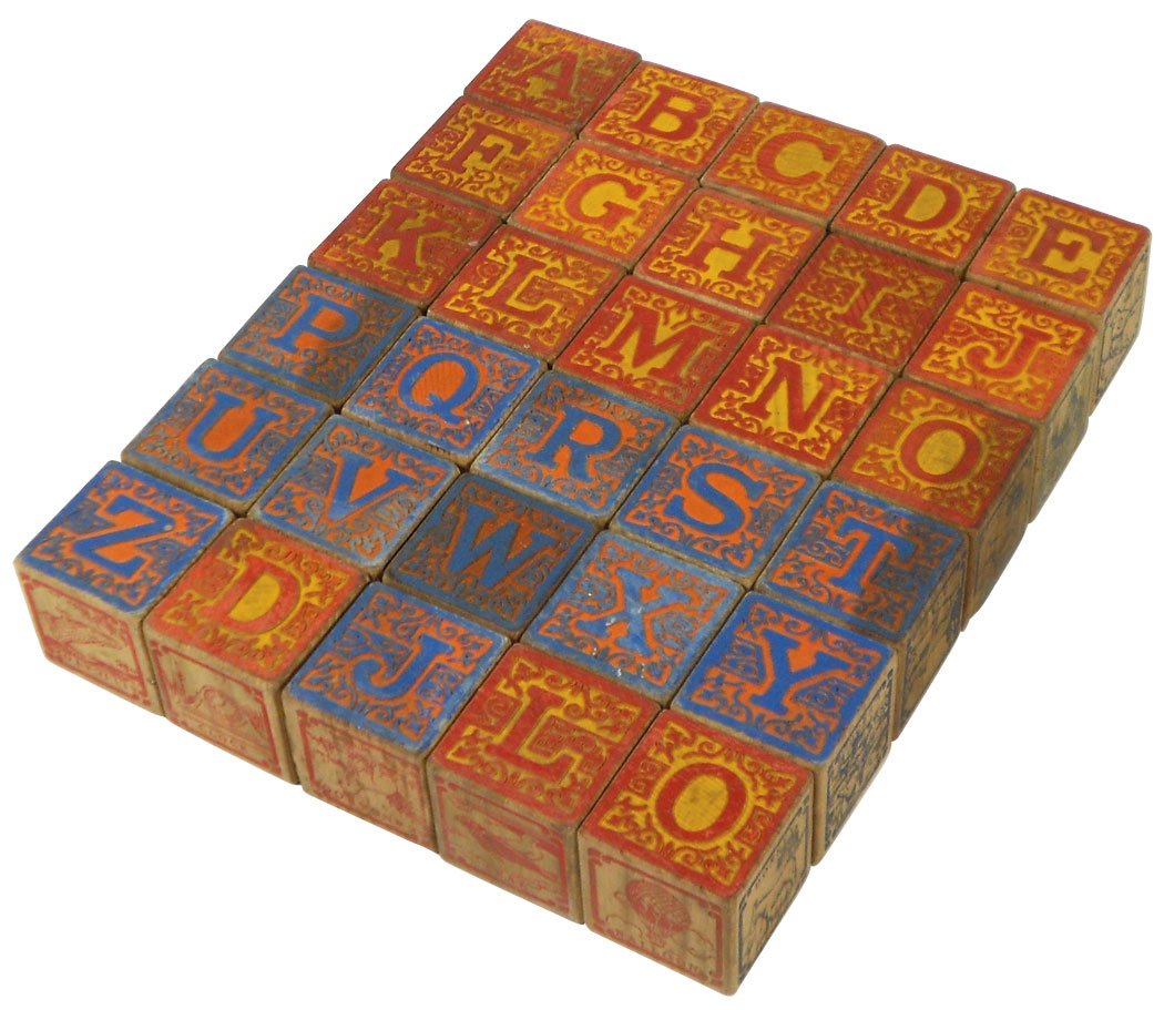 Children's blocks (2 sets), Little Bo-Peep nested alpha: Children's blocks (2 sets), Little Bo-Peep nested alphabet & picture block set of 7, McLoughlin Bros, NY, copyrighted 1890 & embossed wood blocks showing animals, numbers, alphabet, etc., nested set i