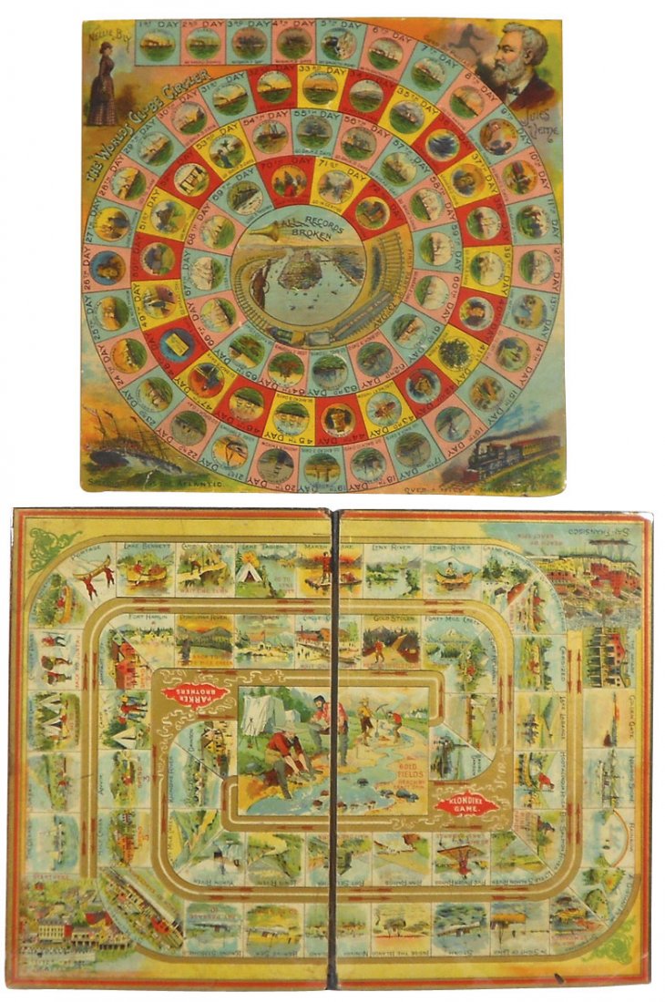 Game boards (2), 1890 "The World's Globe Circler", Nell: Game boards (2), 1890 "The World's Globe Circler", Nellie Bly & Jules Verne game board, McLoughlin Bros, slight edge damage & tear lower lt corner but overall VG cond, 15.5"H x 16"W & 1902 Klondike Ga