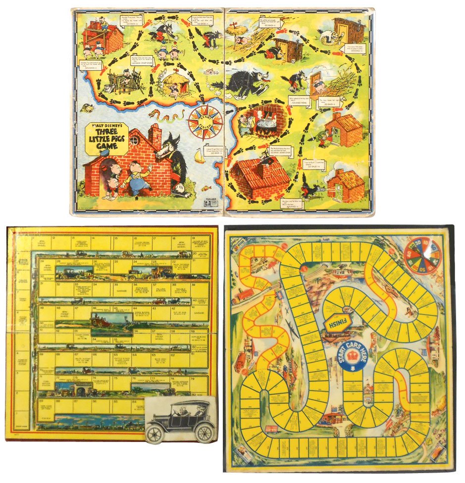 Game boards (3), 1933 Walt Disney's Three Little Pigs b: Game boards (3), 1933 Walt Disney's Three Little Pigs by Einson-Freeman Co.-NY, Good+ cond, 15"H x 20"W; 1937 Red Crown Gasoline w/spinner, VG cond w/edge wear, 18.25"H x 17"W & 1930 Milton Bradley Fl