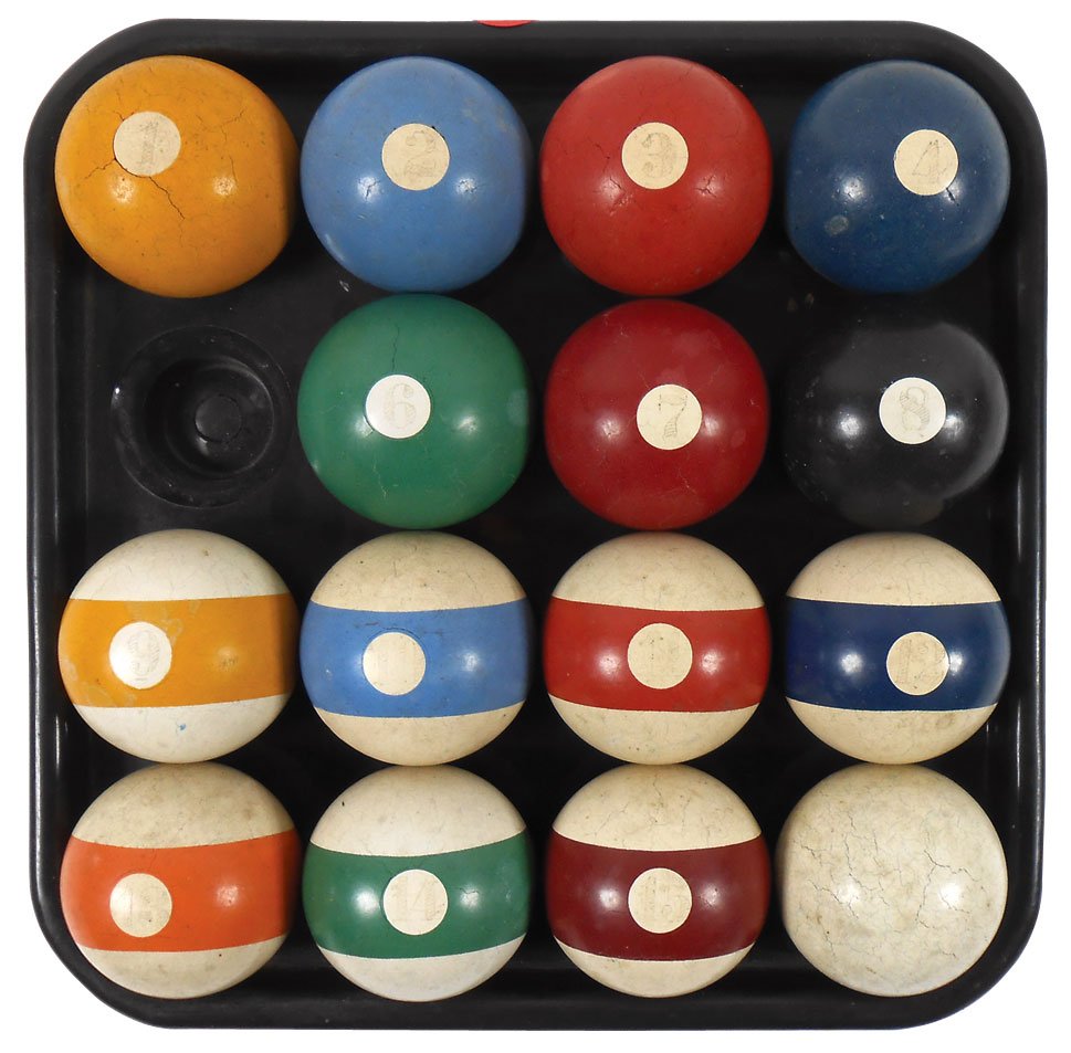 Pool ball set, 2.25" balls w/hand scrimshawed numbers, : Pool ball set, 2.25" balls w/hand scrimshawed numbers, missing the #5 ball, an early set in Good cond w/some fade/color loss.