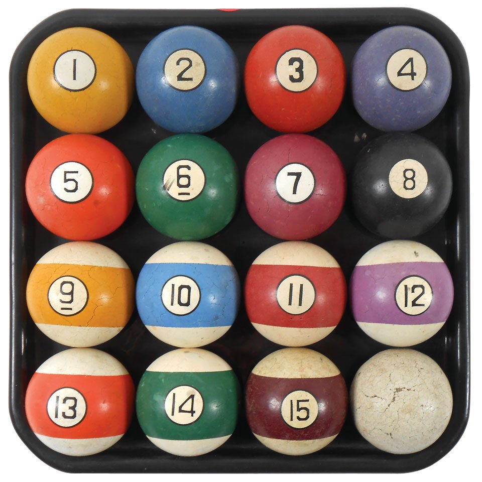 Pool ball set, c.1900's 2.25" composition clay balls, a: Pool ball set, c.1900's 2.25" composition clay balls, a complete hand-numbered set in Good cond.