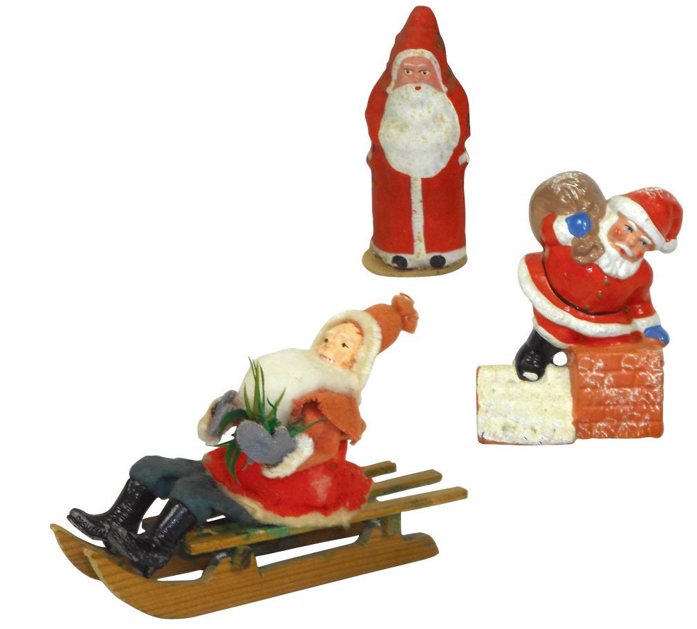 Christmas Santas (3), Santa on sled candy container, pa: Christmas Santas (3), Santa on sled candy container, painted composition face w/felt clothing, Santa at Chimney painted composition figure & standing Santa painted papier-mâché figure, all in VG con
