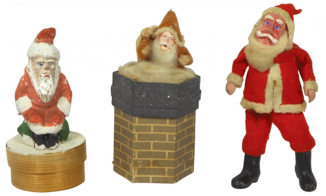 Christmas Santas (3), Santa in Chimney candy container,: Christmas Santas (3), Santa in Chimney candy container, composition face, felt clothing & crepe paper toy bag, seated Santa candy container, painted clay figure on wood box & standing Santa figure w/c