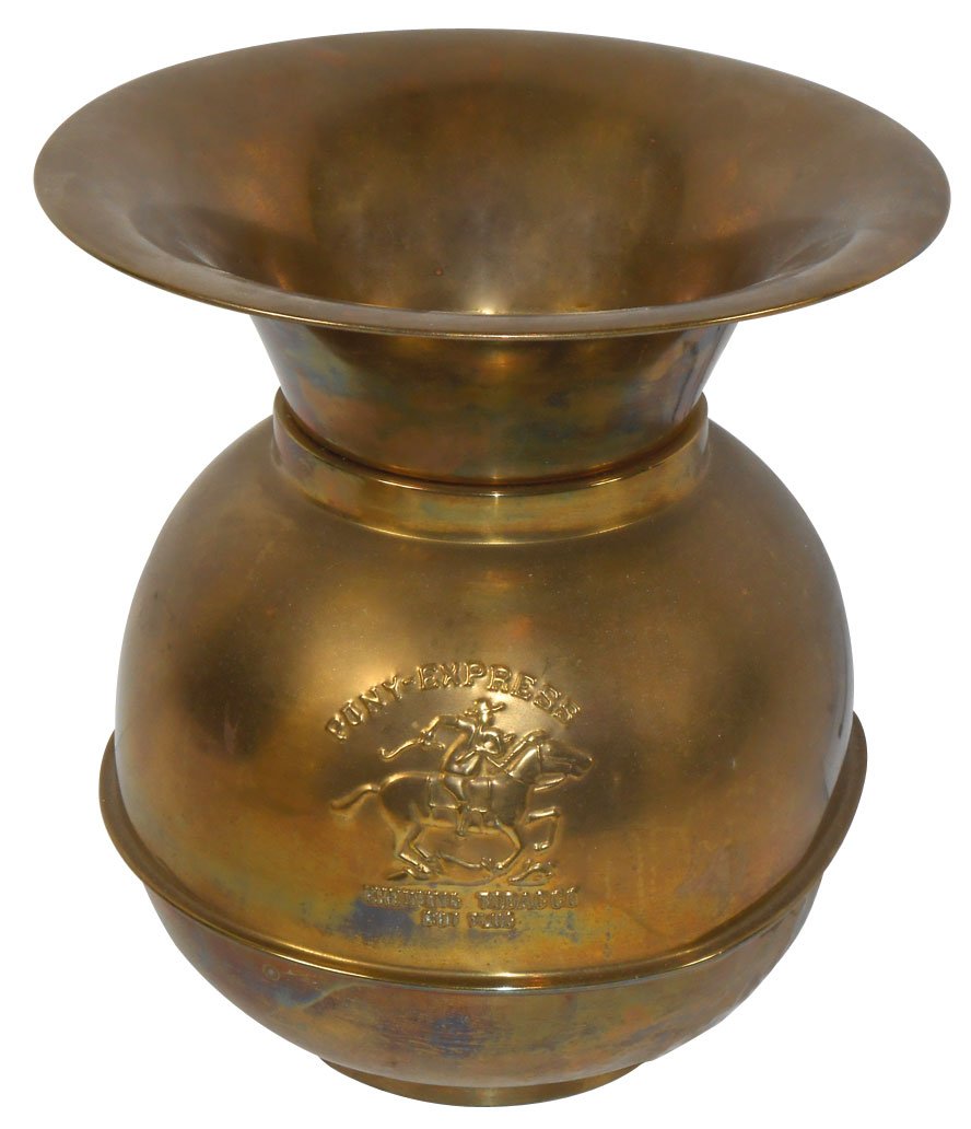 Advertising spittoon, weighted brass, engraved "Pony Ex: Advertising spittoon, weighted brass, engraved "Pony Express Chewing Tobacco Cut Plug", VG cond, 10"H x 9"W at top.